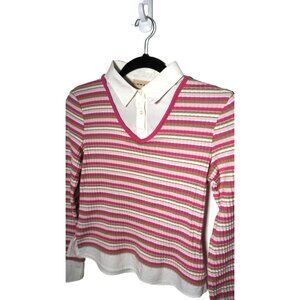 Y2K Layered Polo Long Sleeve Striped V-Neck 1/4 Button Down Pull Over Sweater
